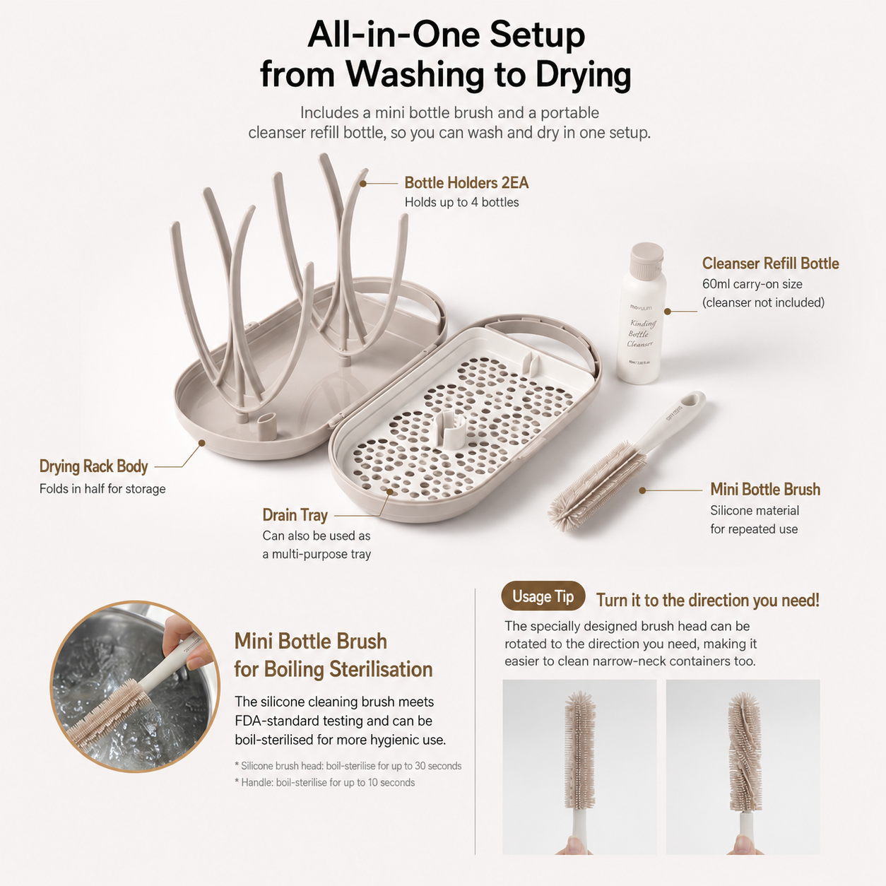 MOTHER-K Portable Baby Bottle Drying Rack Set – Cream Mocha