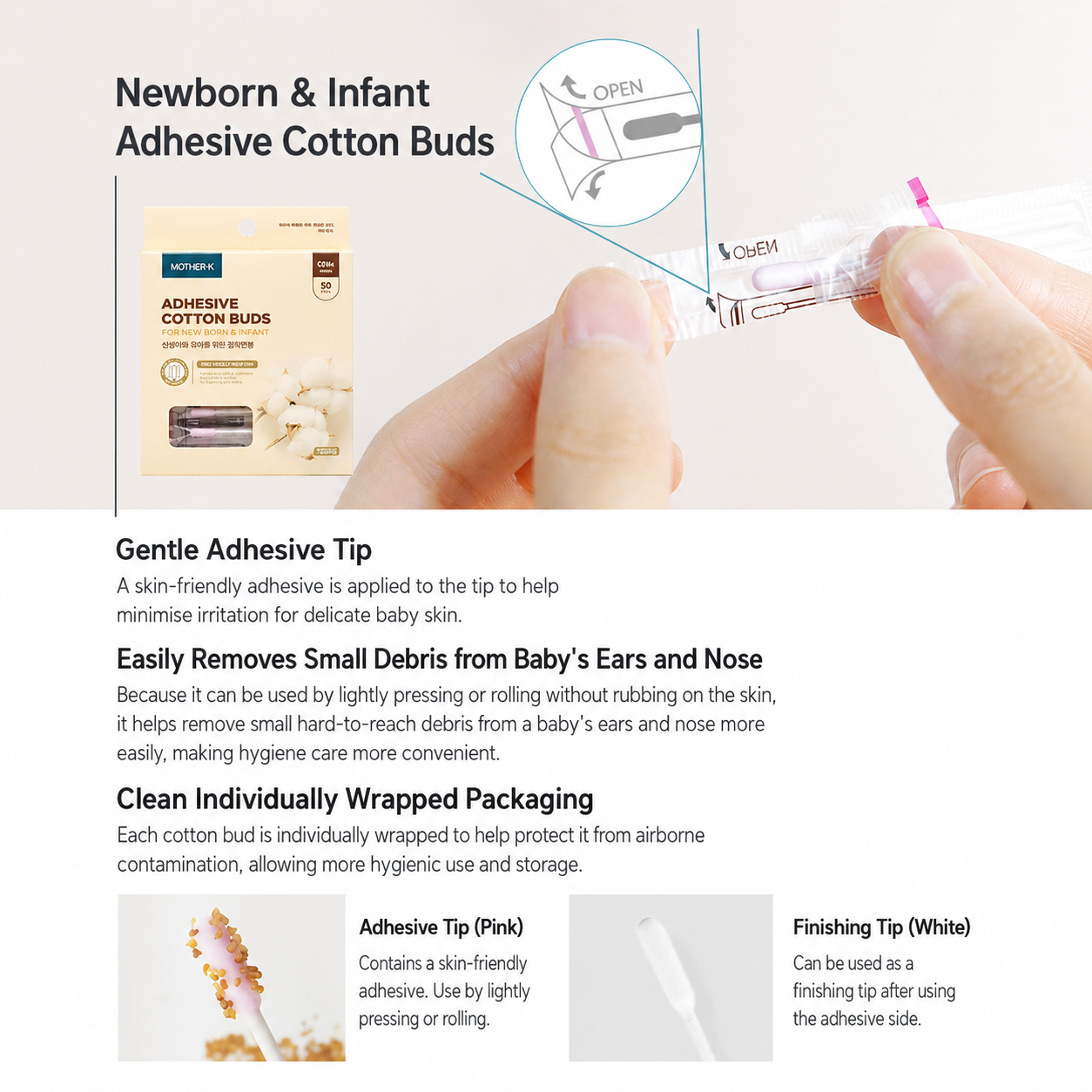 MOTHER-K Newborn Adhesive Cotton Buds – 50pcs